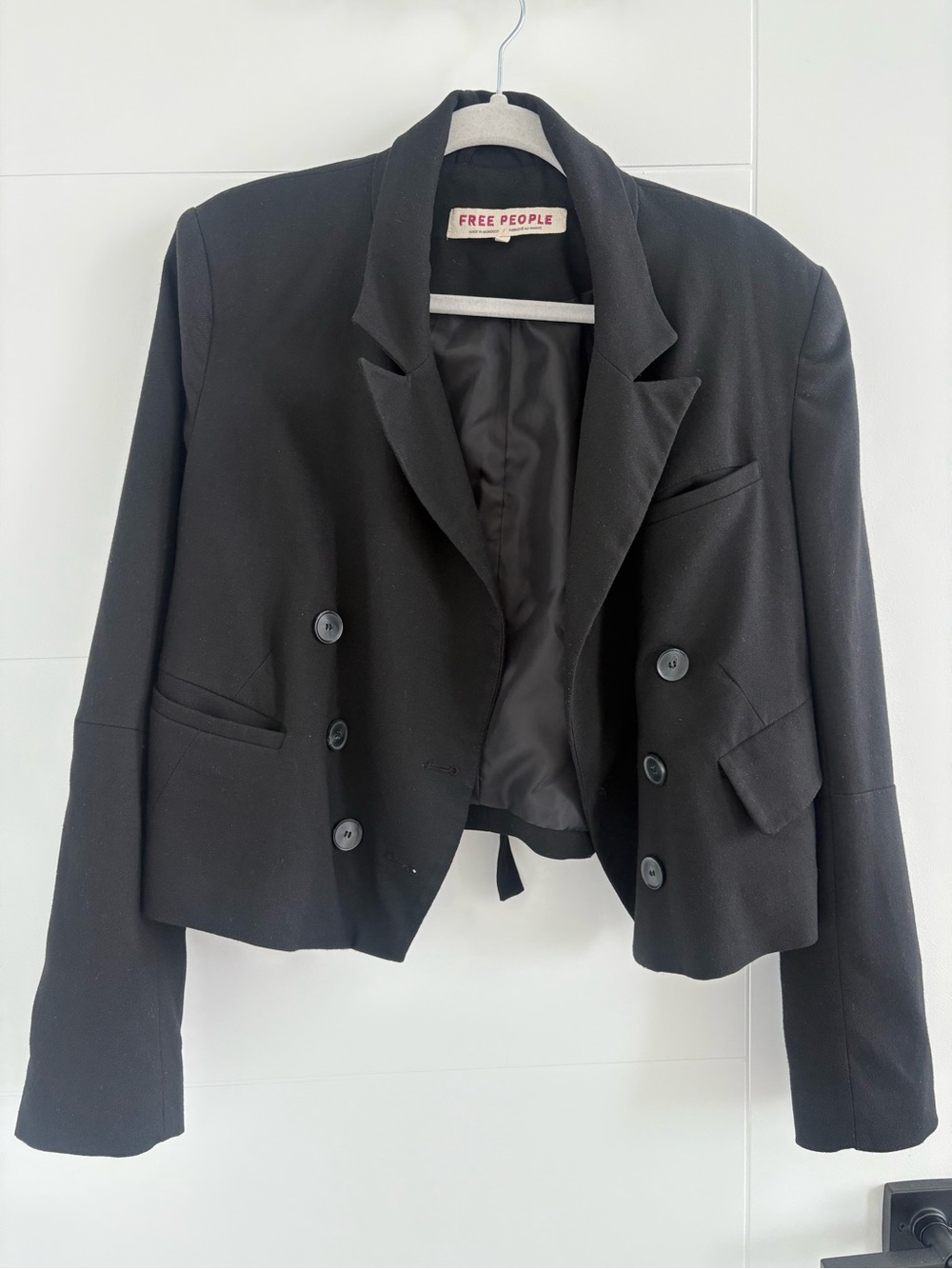 Free People Black Cropped Double-Breasted Blazer Jacket